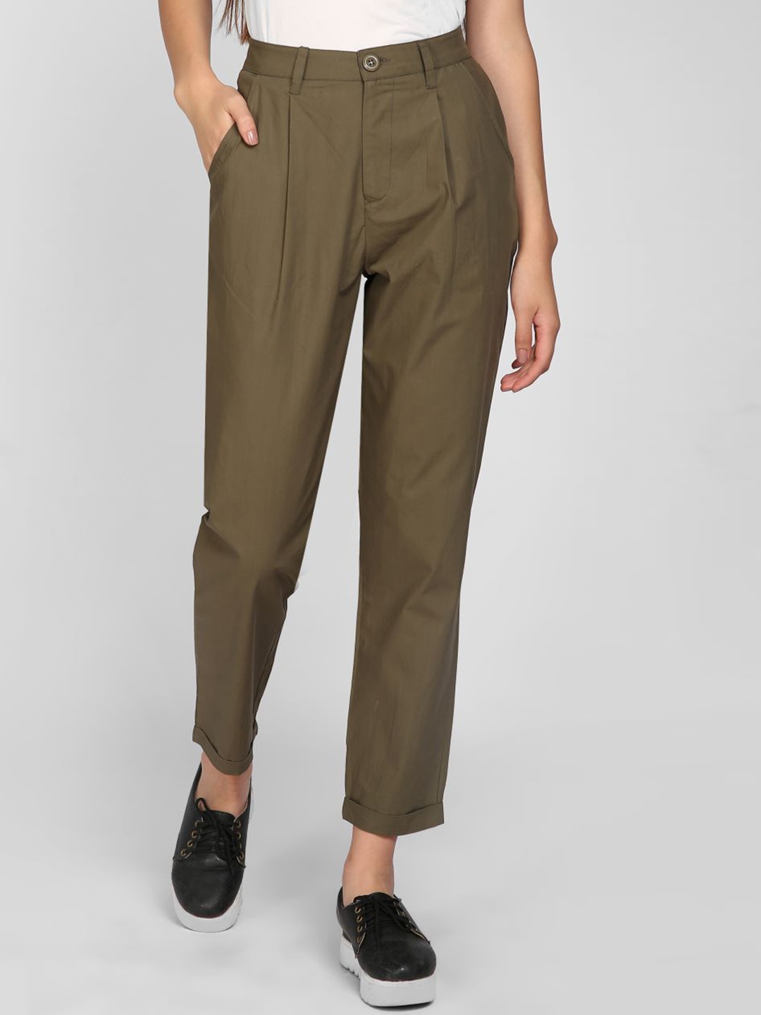 

I Love She Women Olive Green High-Rise Pleated Cotton Trousers