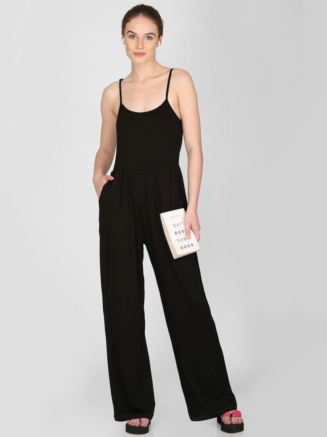 

I Love She Black Shoulder Strap Basic Jumpsuit