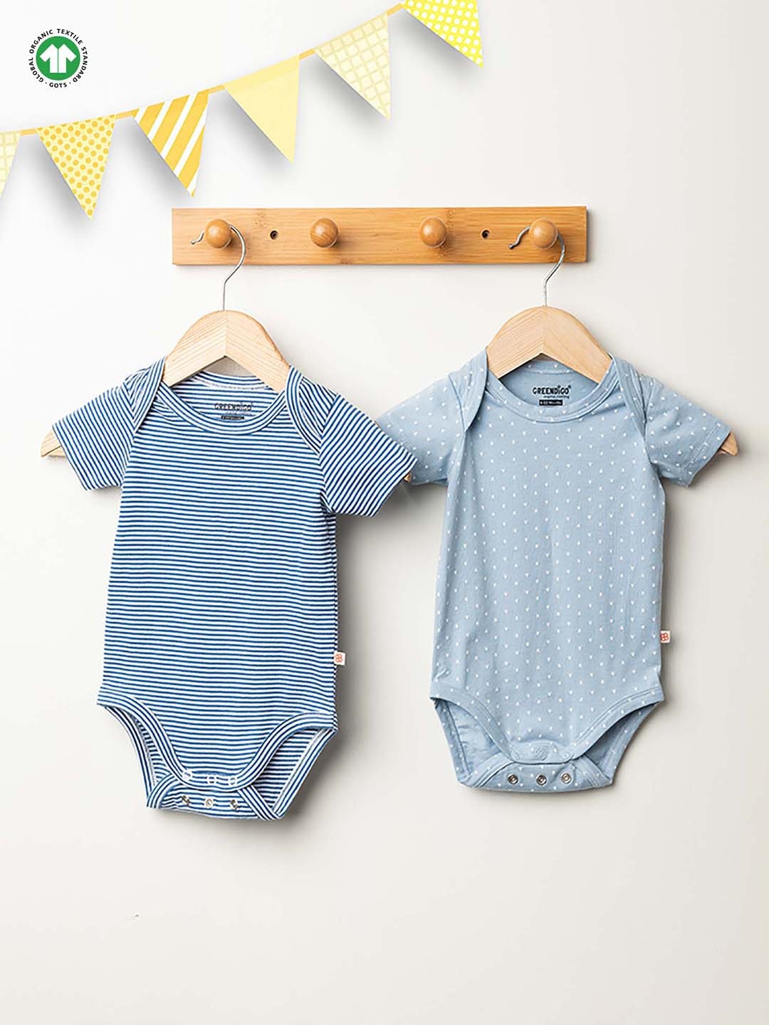 

GREENDIGO Pack Of 2 Infants Blue Printed Organic Cotton Bodysuit