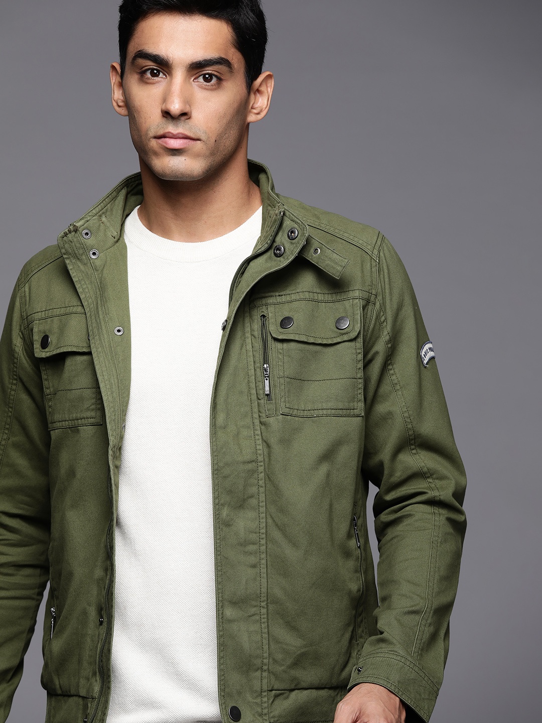 

Louis Philippe Jeans Men Olive Green Solid Pure Cotton Mock Collar Bomber Jacket