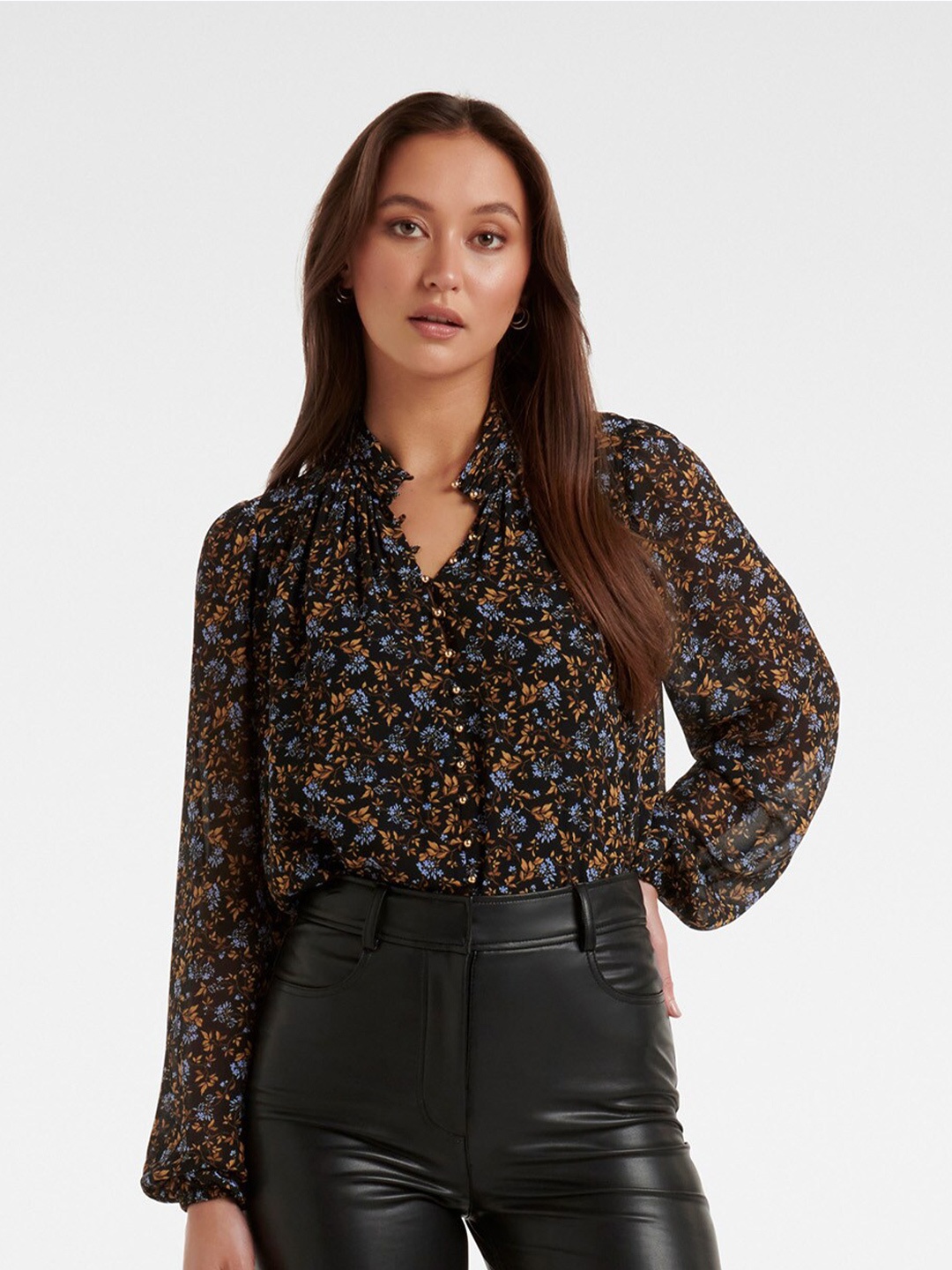 

Forever New Women Black & Blue Floral Print Mandarin Collar Bishop Sleeves Top