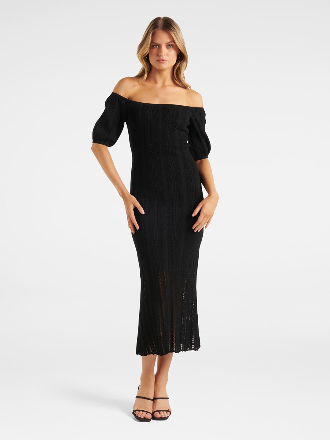 

Forever New Women Black Self Design Off-Shoulder Bodycon Midi Dress