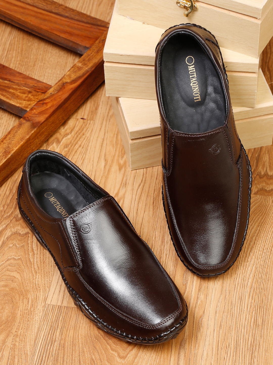 

MUTAQINOTI Men Brown Solid Formal Slip-Ons
