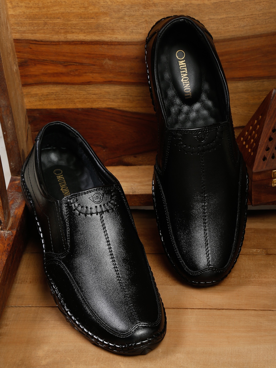 

MUTAQINOTI Men Black Solid Formal Slip-On Shoes
