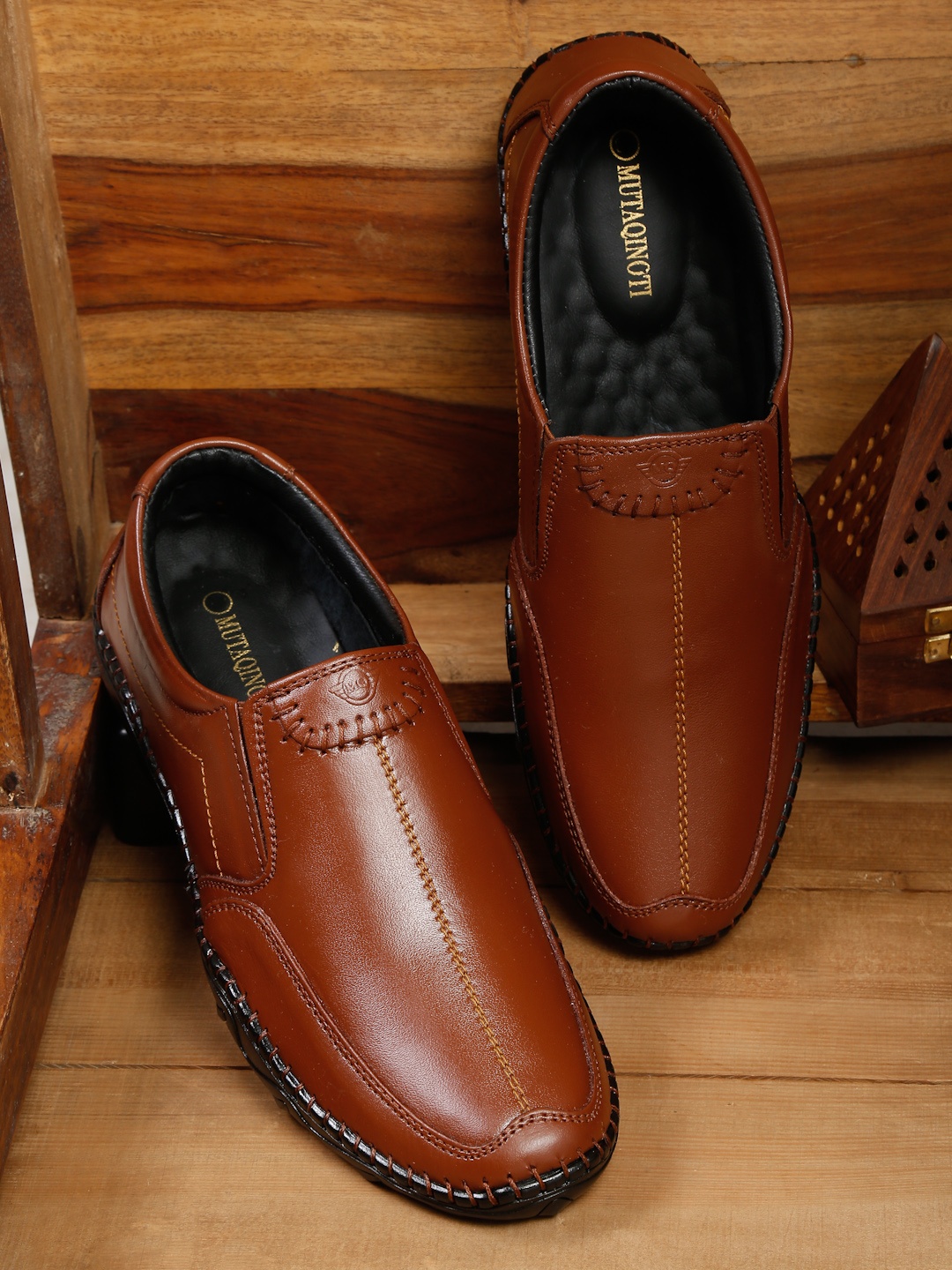

MUTAQINOTI Men Tan Brown Solid Leather Formal Slip-Ons
