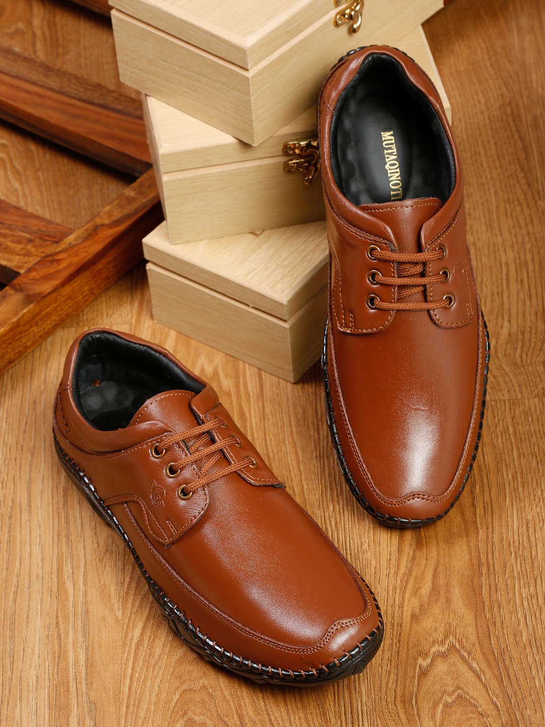 

MUTAQINOTI Men Tan Brown Solid Leather Formal Derbys