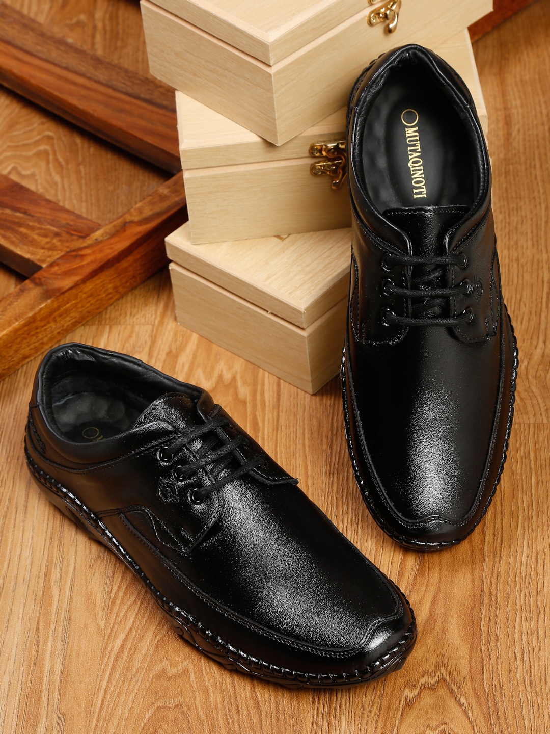 

MUTAQINOTI Men Black Solid Leather Formal Derbys