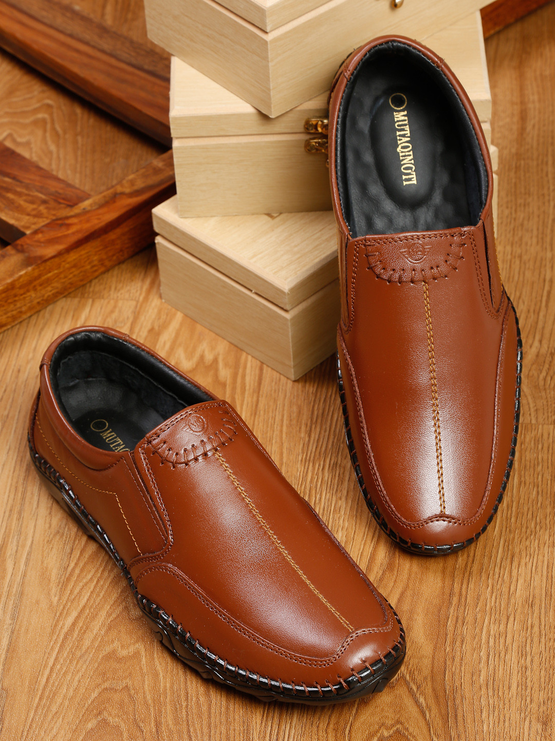 

MUTAQINOTI Men Tan Stripe Pattern Formal Shoes