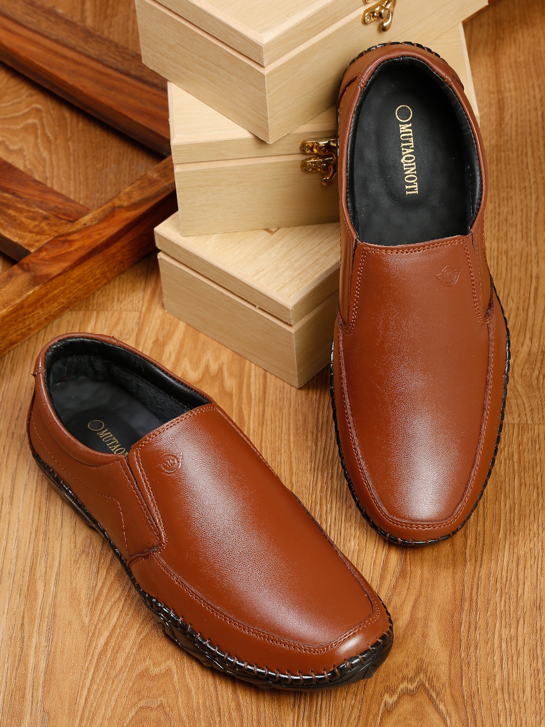 

MUTAQINOTI Men Tan Brown Solid Leather Slip-Ons