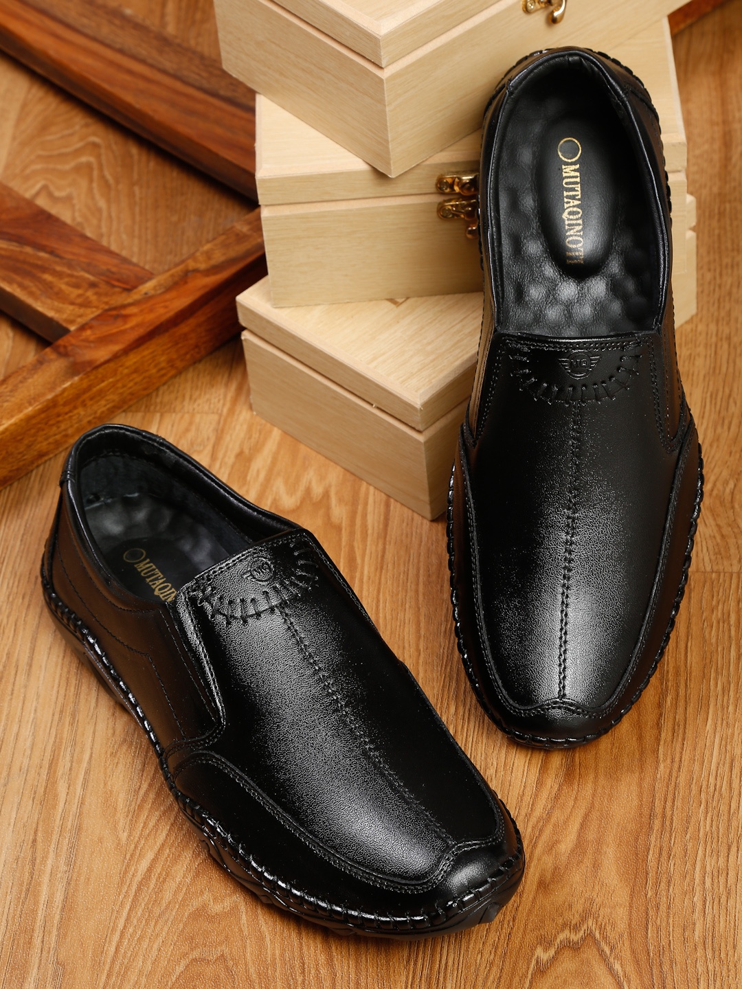 

MUTAQINOTI Men Black Solid Formal Slip-Ons