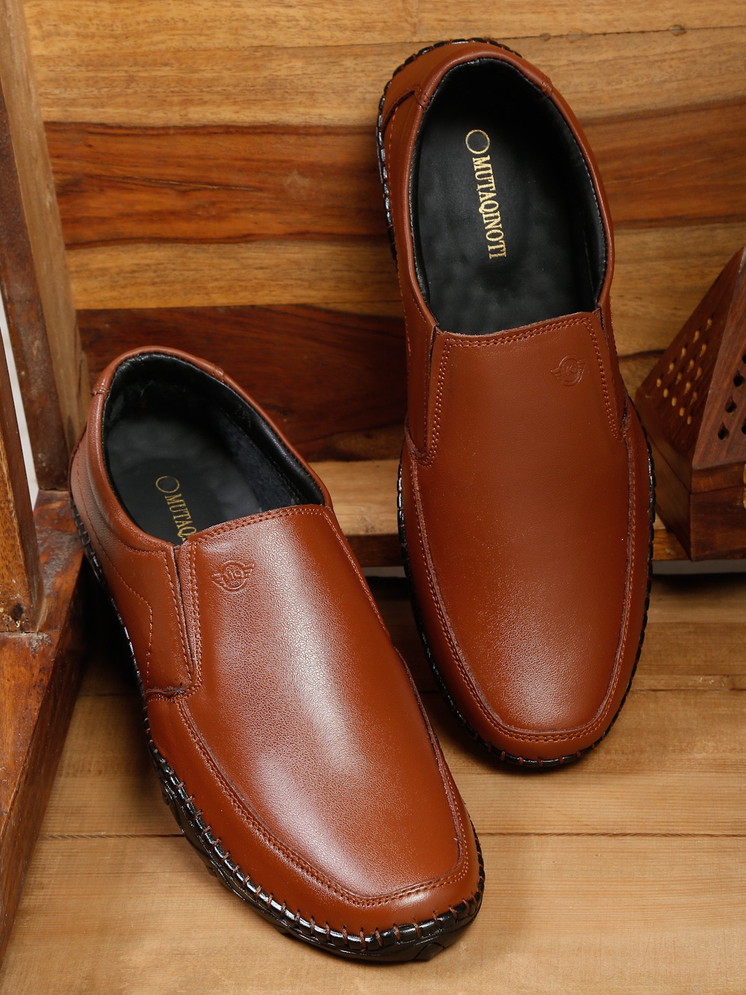 

MUTAQINOTI Men Tan Solid Genuine Leather Formal Slip-On Shoes