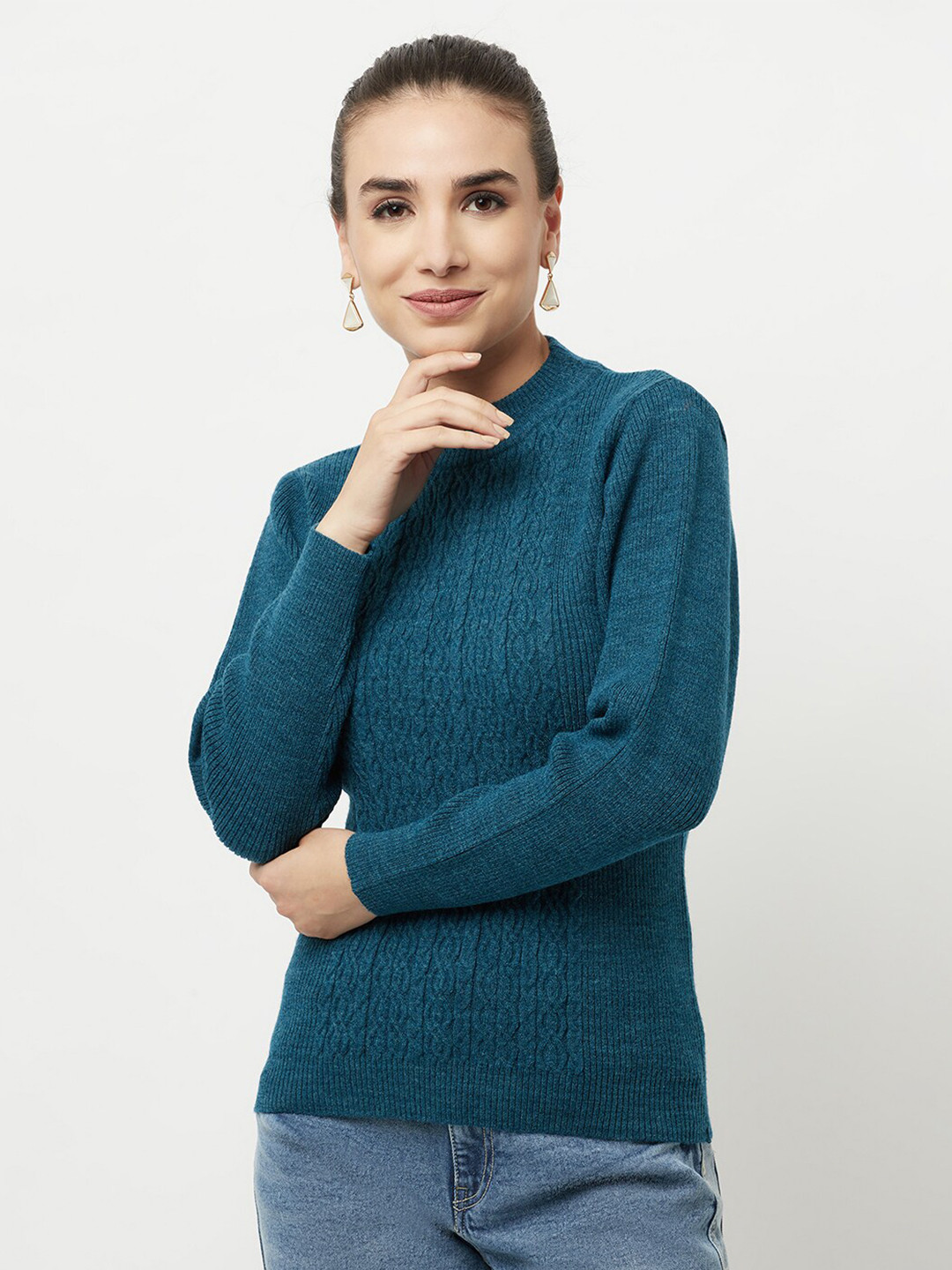 

Knitstudio Women Teal Striped Pullover with Fuzzy Detail