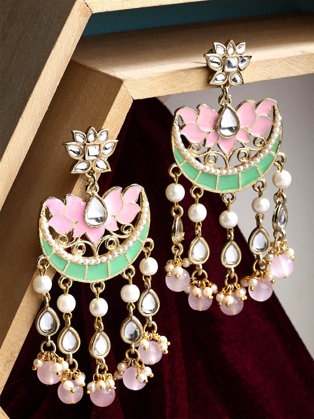 

KARATCART Pink & Green Gold-Plated Contemporary Drop Earrings