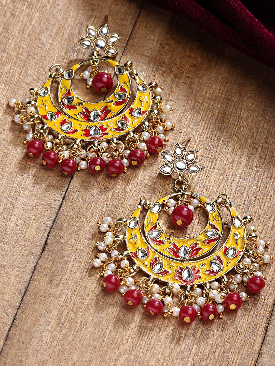 

KARATCART Women Yellow & Red Contemporary Chandbalis Earrings