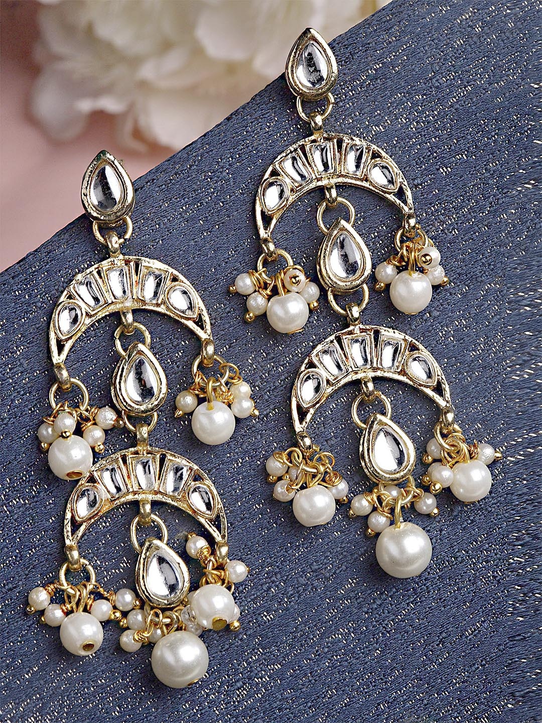 

KARATCART Gold-Plated & White Kundan Studded Drop Earrings