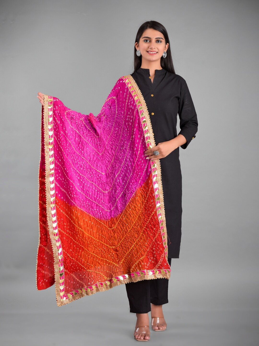 

Apratim Pink & Red Printed Art Silk Bandhani Dupatta