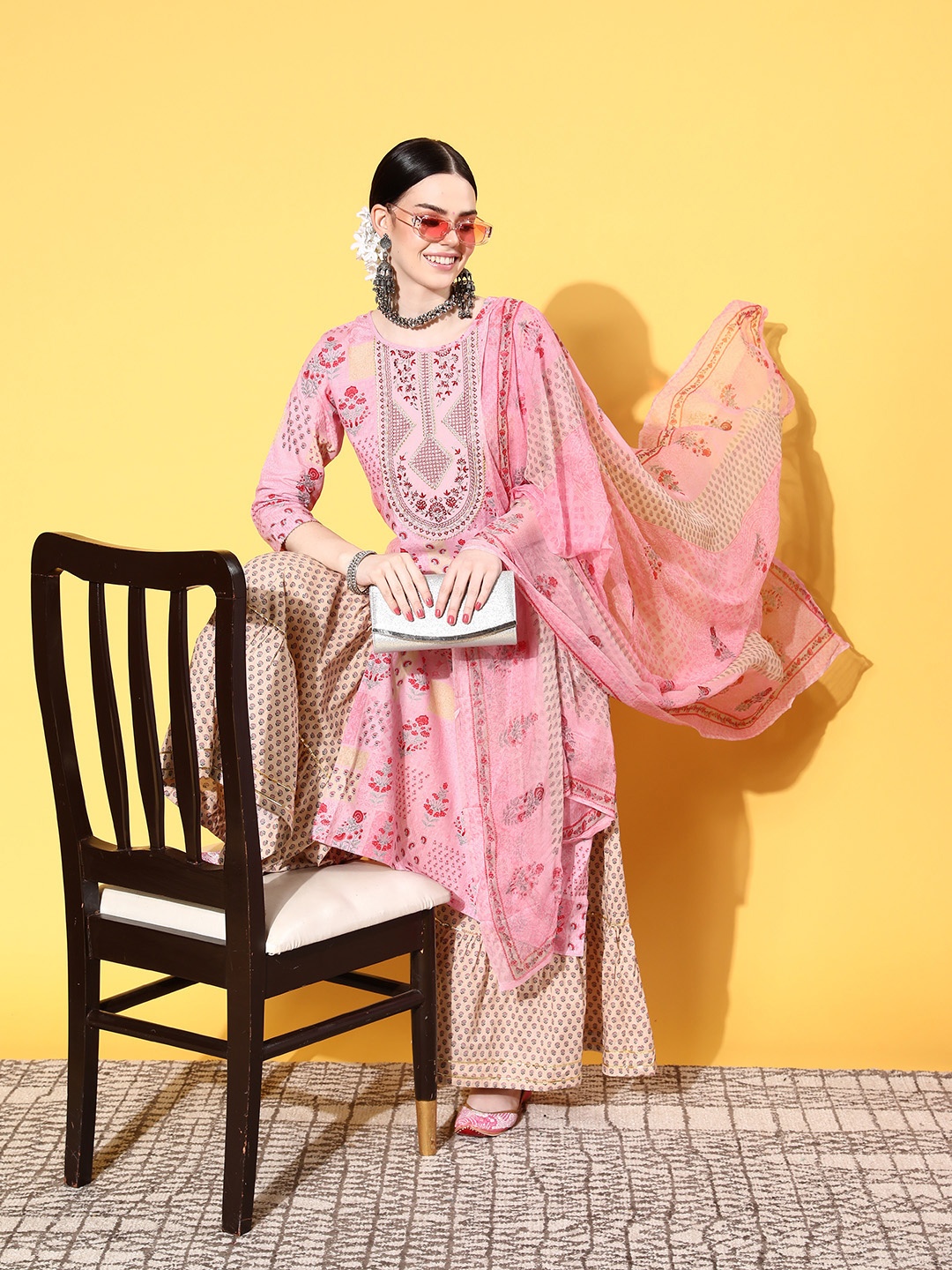 

SheWill Women Ethnic Motifs Pure Cotton Print Parade Kurta Set, Pink