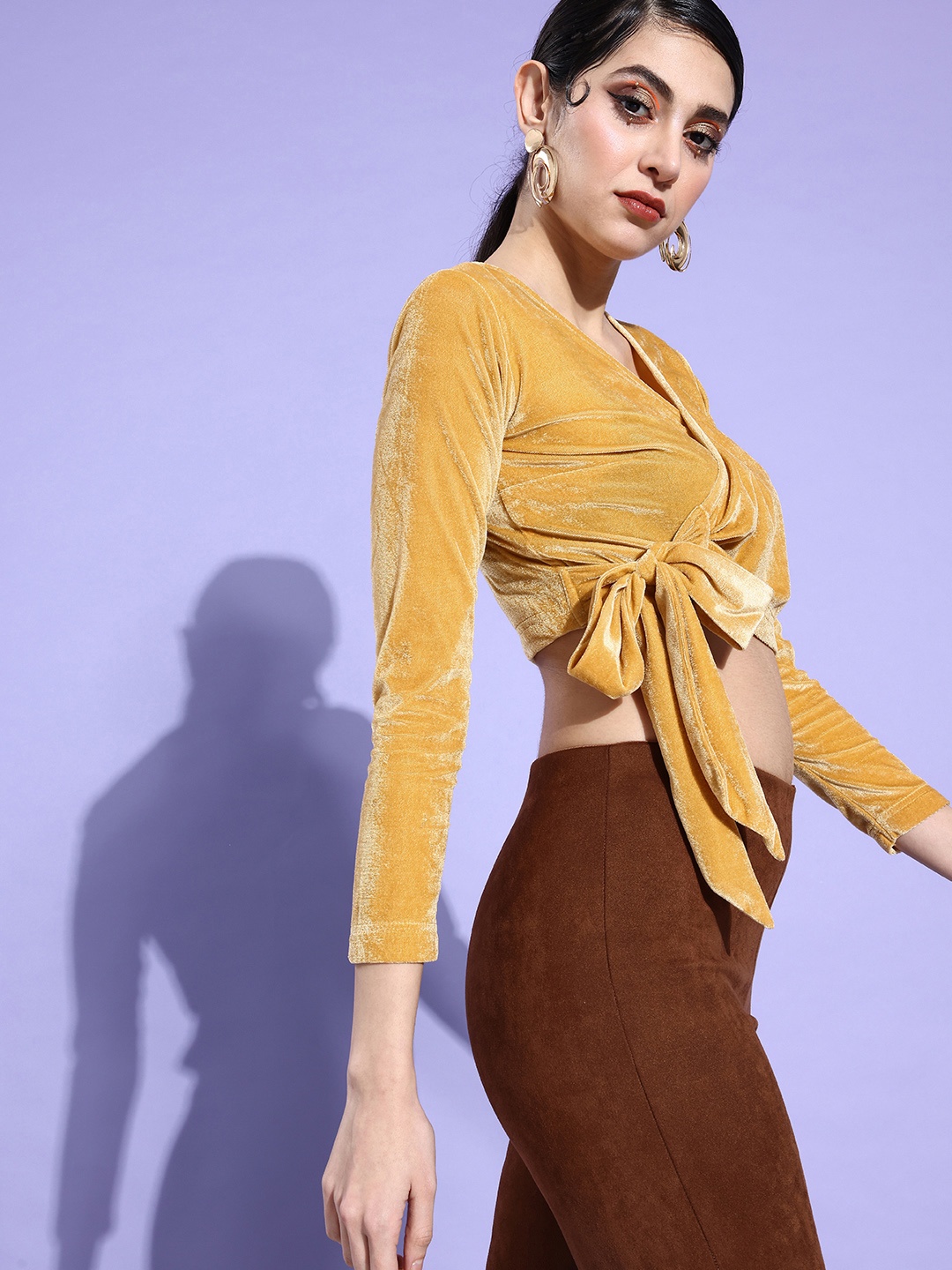 

ANVI Be Yourself Yellow Velvet Wrap Crop Top