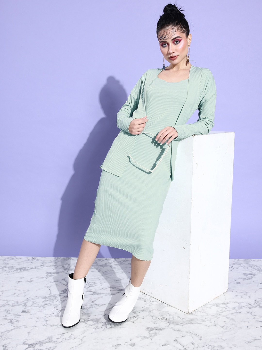 ANVI Be Yourself Turquoise Blue Bodycon Midi Dress with Shrug