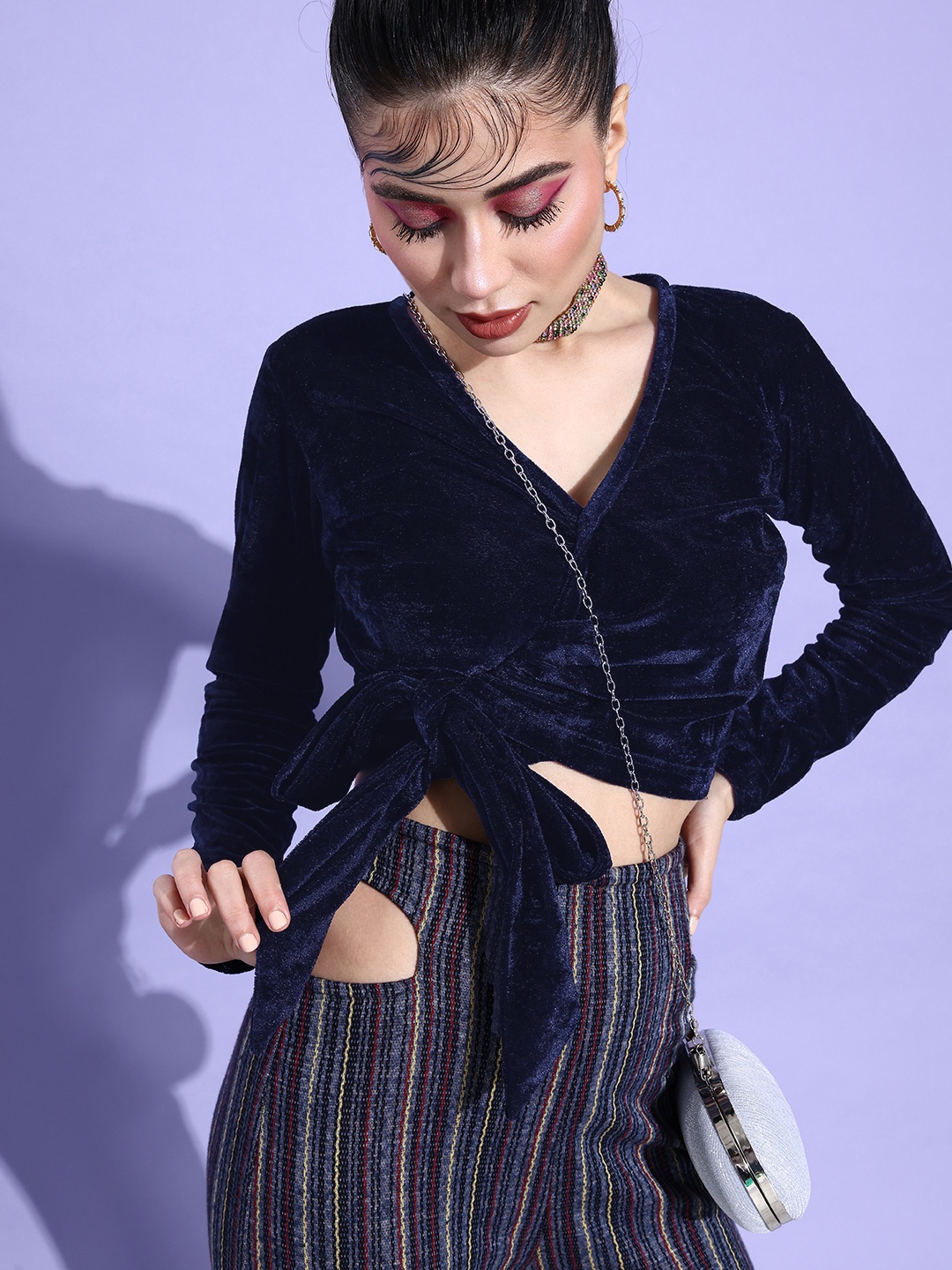 

ANVI Be Yourself Navy Blue Velvet Wrap Crop Top