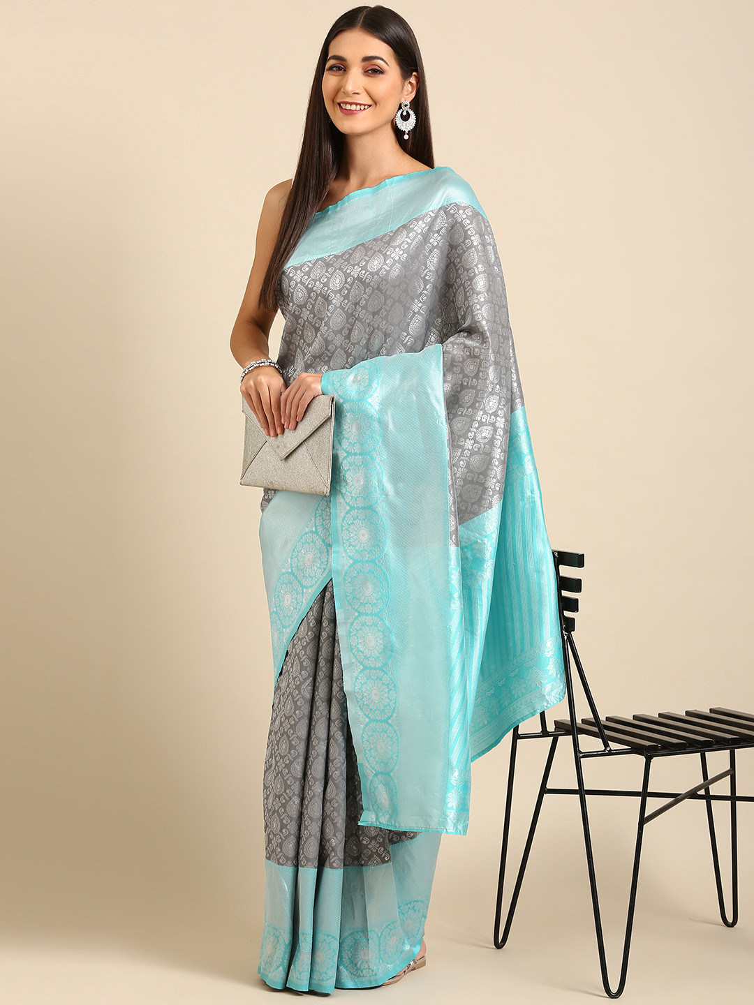 

Anouk Grey & Blue Woven Design Silk Blend Kanjeevaram Saree