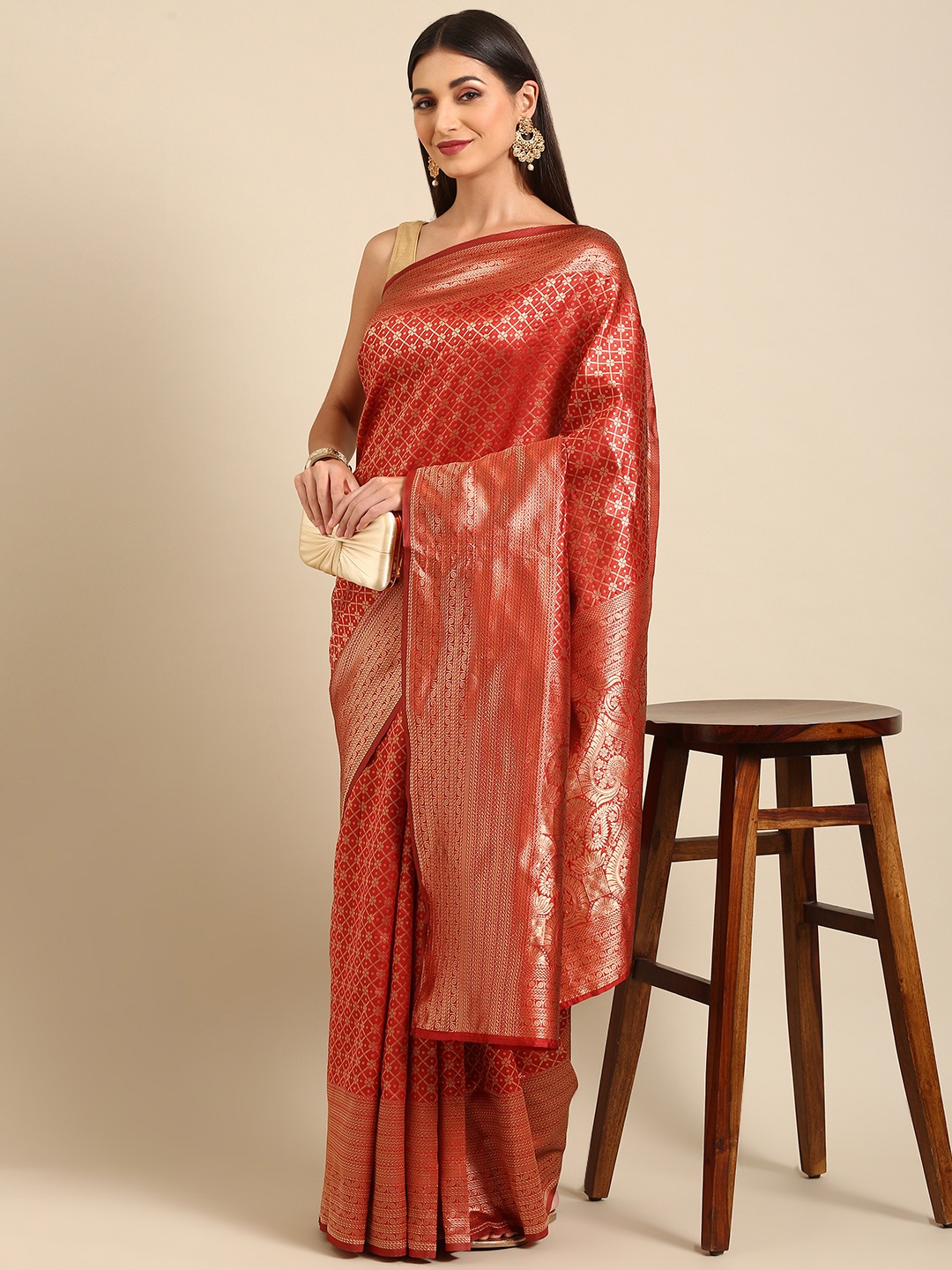 

Anouk Peach-Coloured & Gunmetal-Toned Woven Design Kanjeevaram Saree