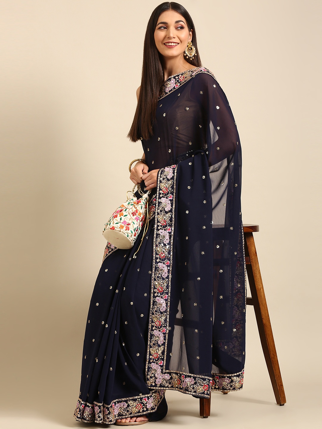 

Anouk Navy Blue Patchwork Pure Georgette Saree