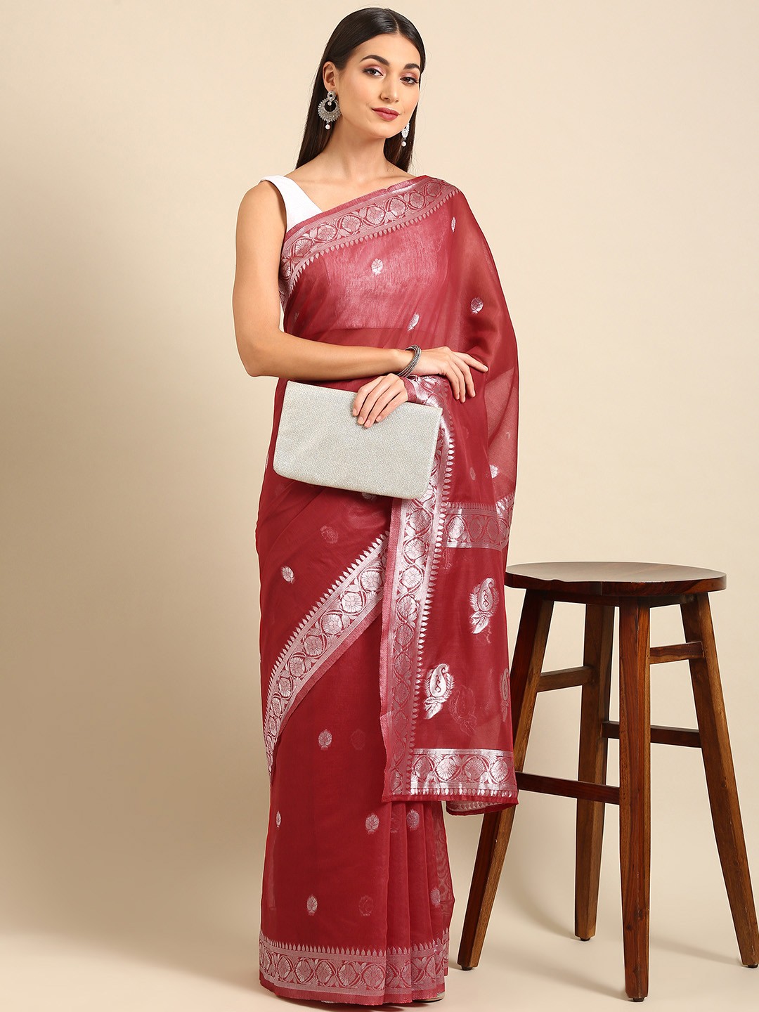 

Anouk Maroon Woven Design Silk Cotton Chanderi Saree