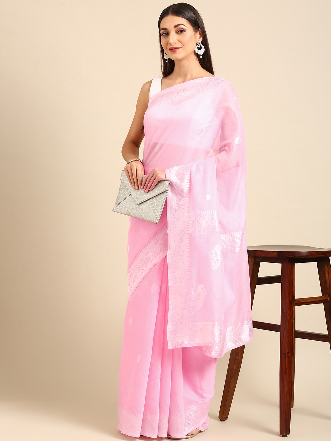 

Anouk Pink Woven Design Silk Cotton Chanderi Saree