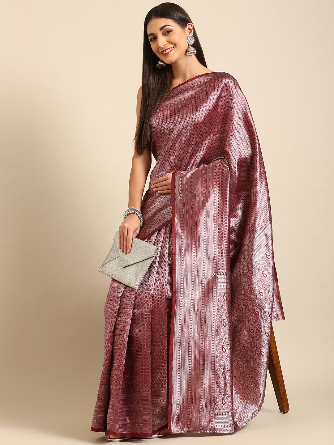 

Anouk Maroon & Gunmetal-Toned Woven Design Silk Blend Banarasi Saree