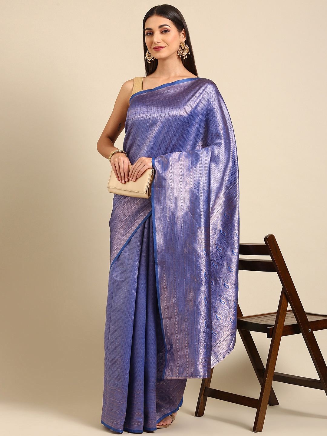 

Anouk Blue & Gunmetal-Toned Woven Design Silk Blend Banarasi Saree