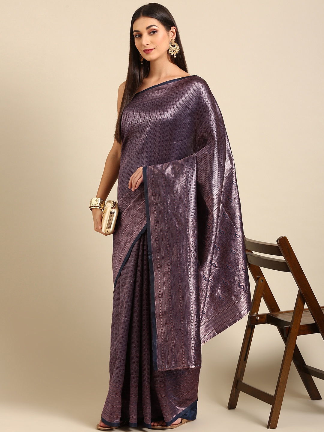 

Anouk Navy Blue & Gunmetal-Toned Woven Design Silk Blend Banarasi Saree