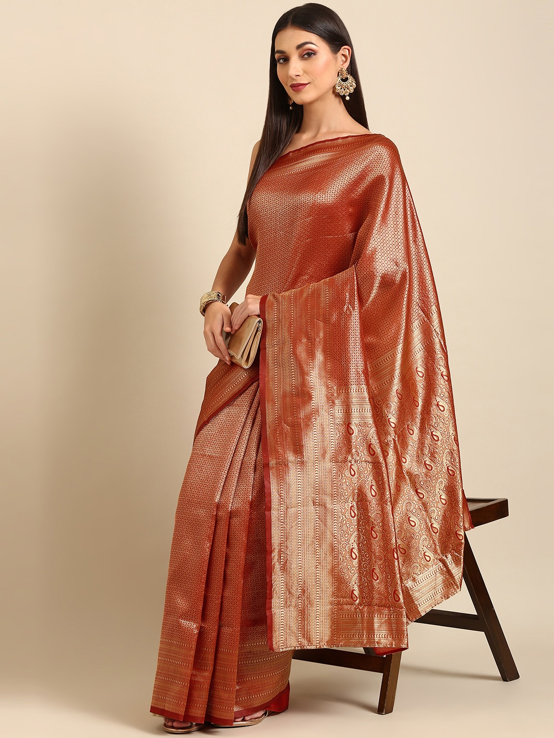 

Anouk Red & Gunmetal-Toned Woven Design Silk Blend Banarasi Saree