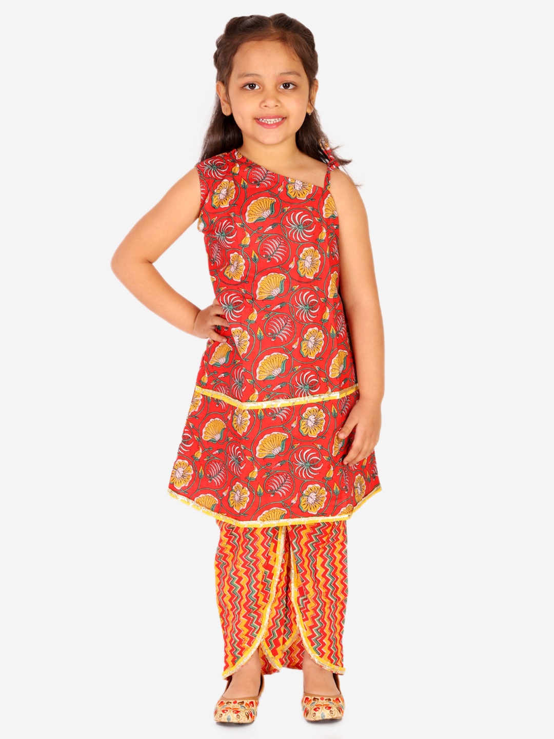 

Superminis Girls Orange Floral Printed Gotta Patti Pure Cotton Top with Dhoti Pants