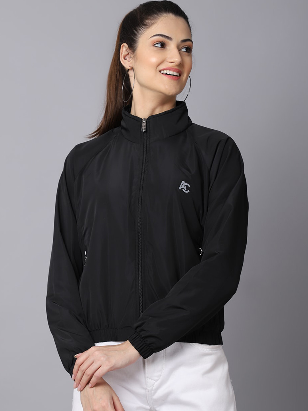 

ANTI CULTURE Women Black Colourblocked Windcheater Crop Outdoor Sporty Jacket with Embroidered