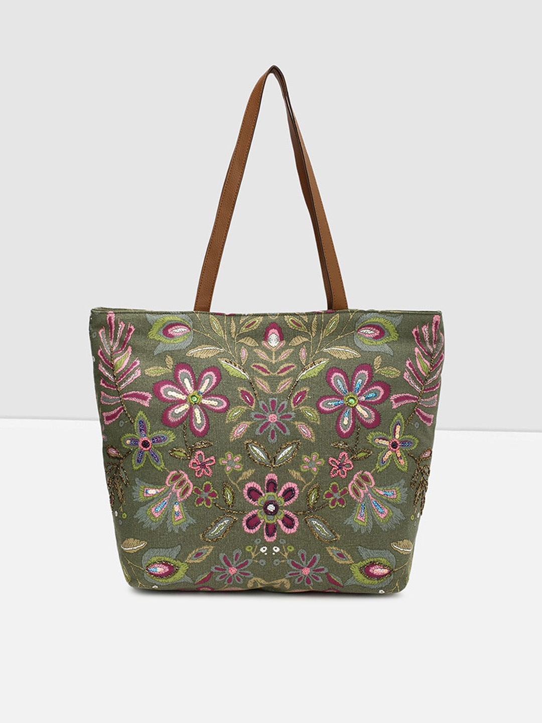 

max Women Olive Green Floral Printed Shopper Shoulder Bag