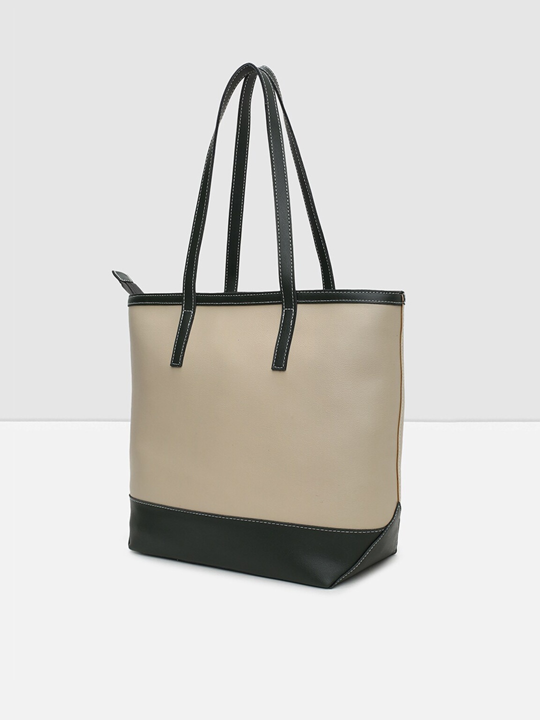 

max Women Olive Green Colourblocked PU Oversized Shopper Tote Bag