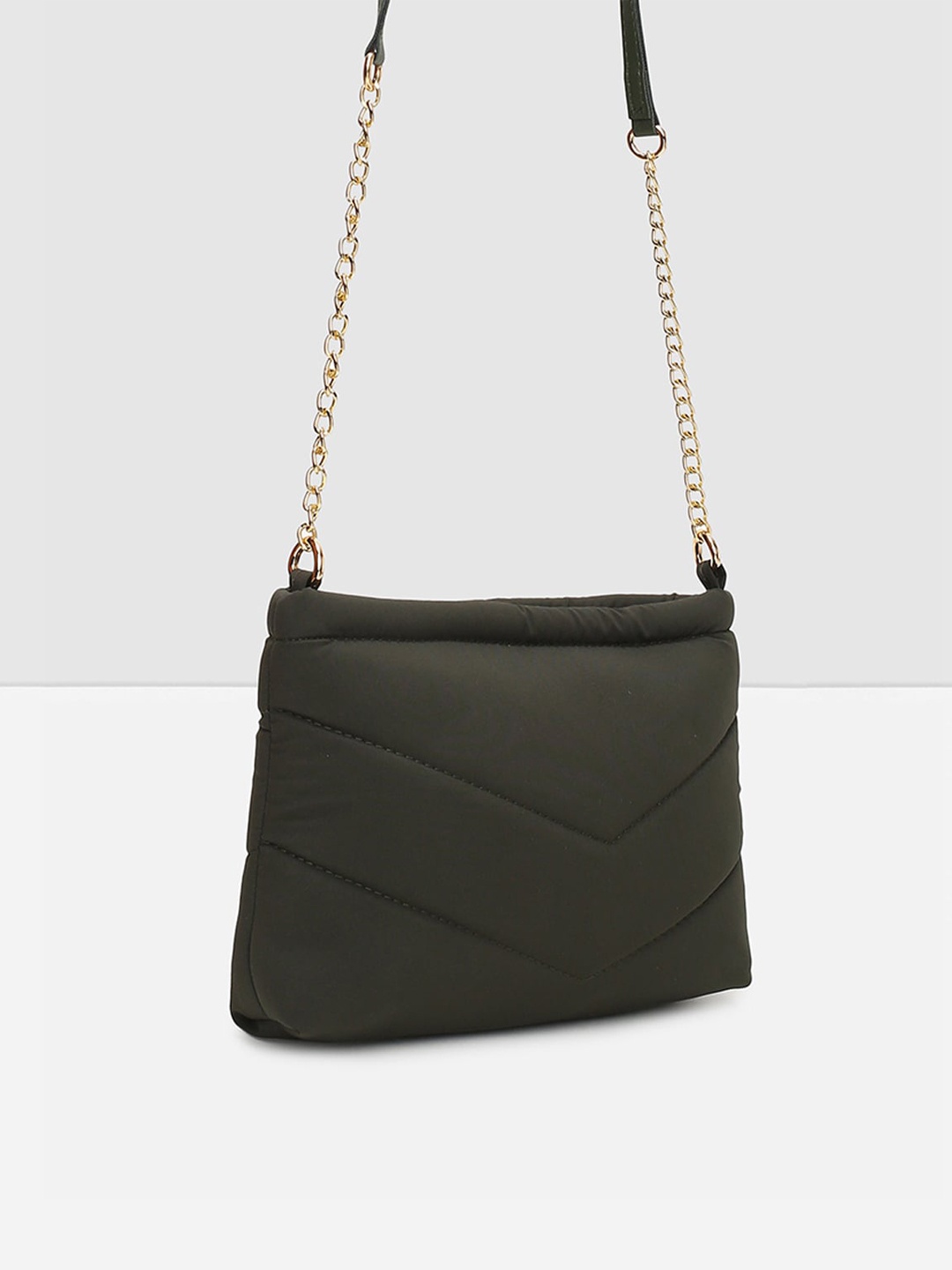 

max Olive Green Textured Structured with Quilted Sling Bag