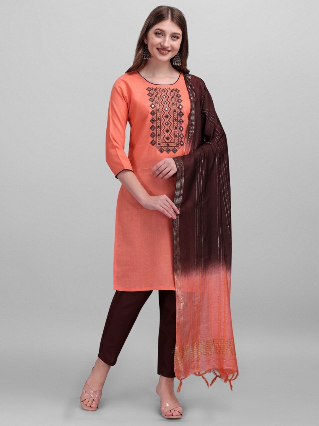 

MORLY Women Orange Embroidered Mirror Work Kurta With Dupatta Set
