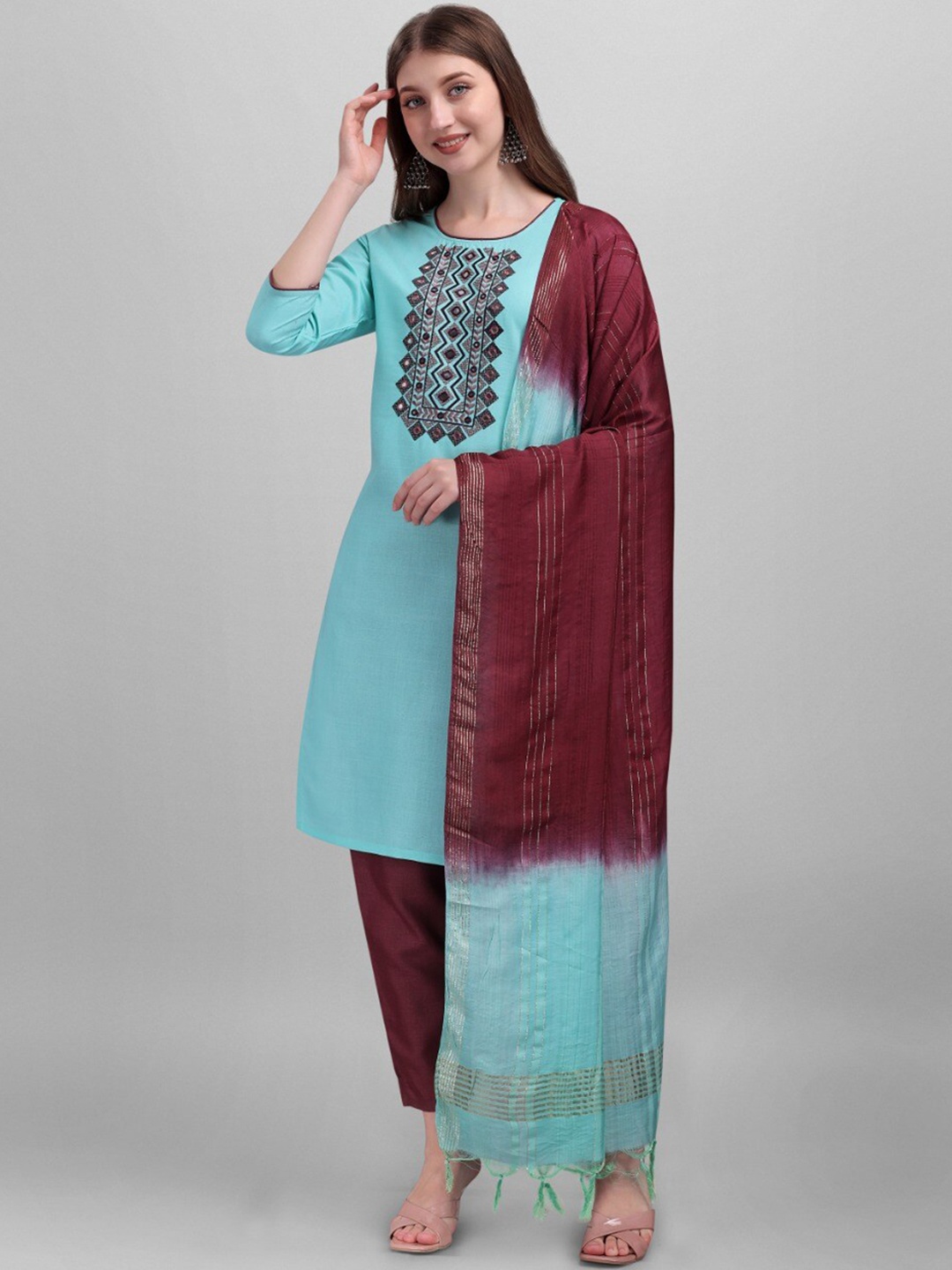 

MORLY Women Blue Embroidered Mirror Work Kurta with Trousers & With Dupatta