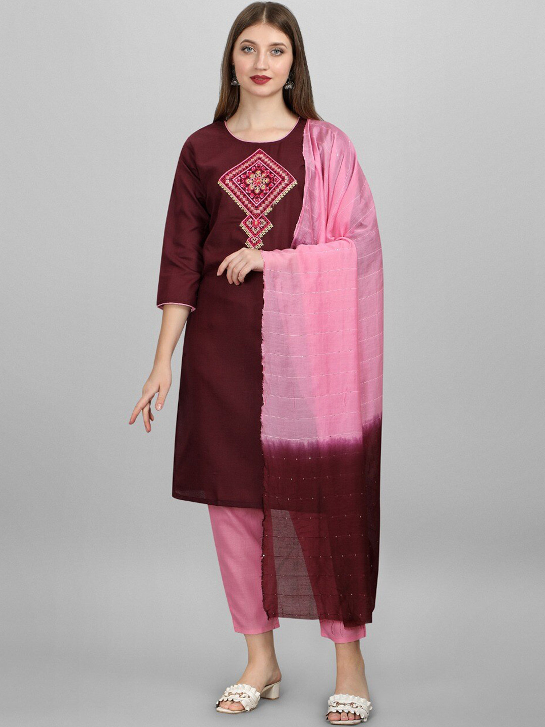 

MORLY Yoke Design Mirror Work Kurta With Trousers & Dupatta, Purple