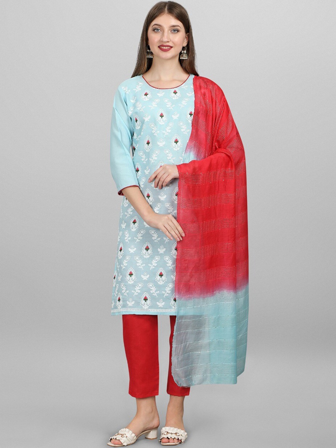 

MORLY Ethnic Motifs Embroidered Kurta With Trousers & Dupatta, Turquoise blue