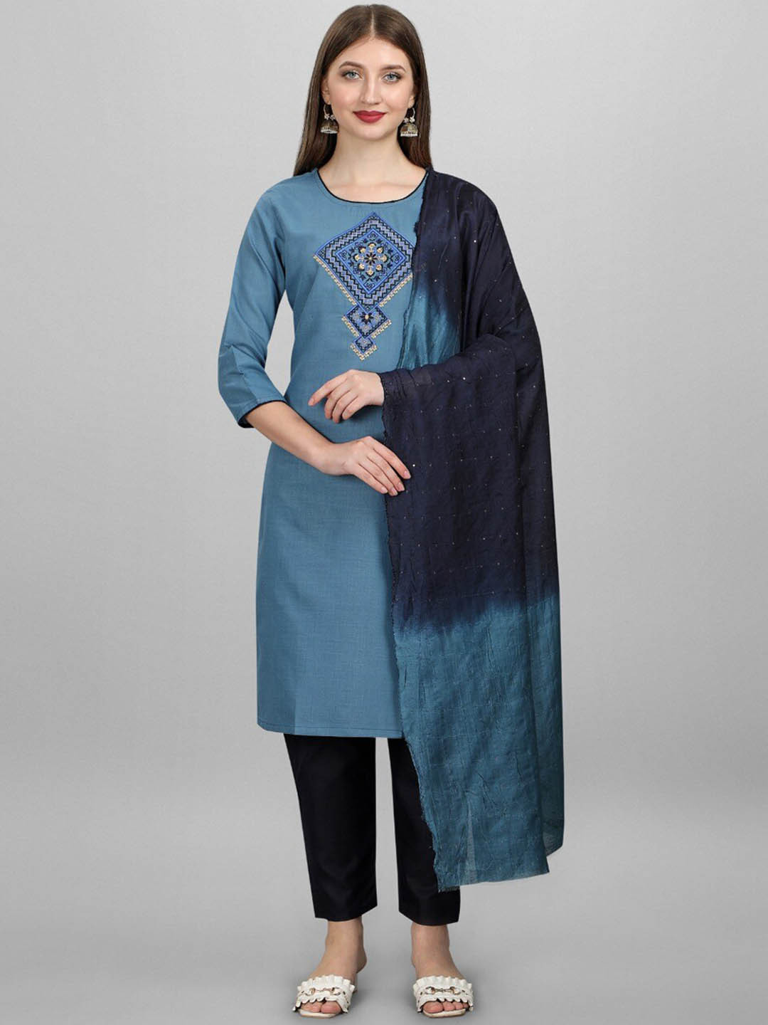 

MORLY Women Blue Ethnic Motifs Embroidered Thread Work Kurta with Trousers & Dupatta