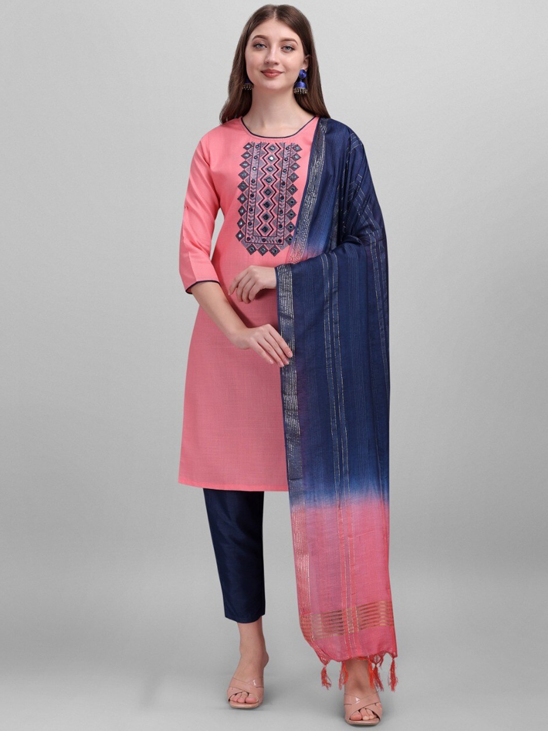 

MORLY Women Pink & Navy Blue Embroidered Straight Kurta with Trousers & With Dupatta