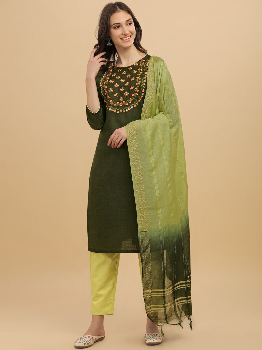 

MORLY Women Green Floral Embroidered Kurta with Trousers & With Dupatta