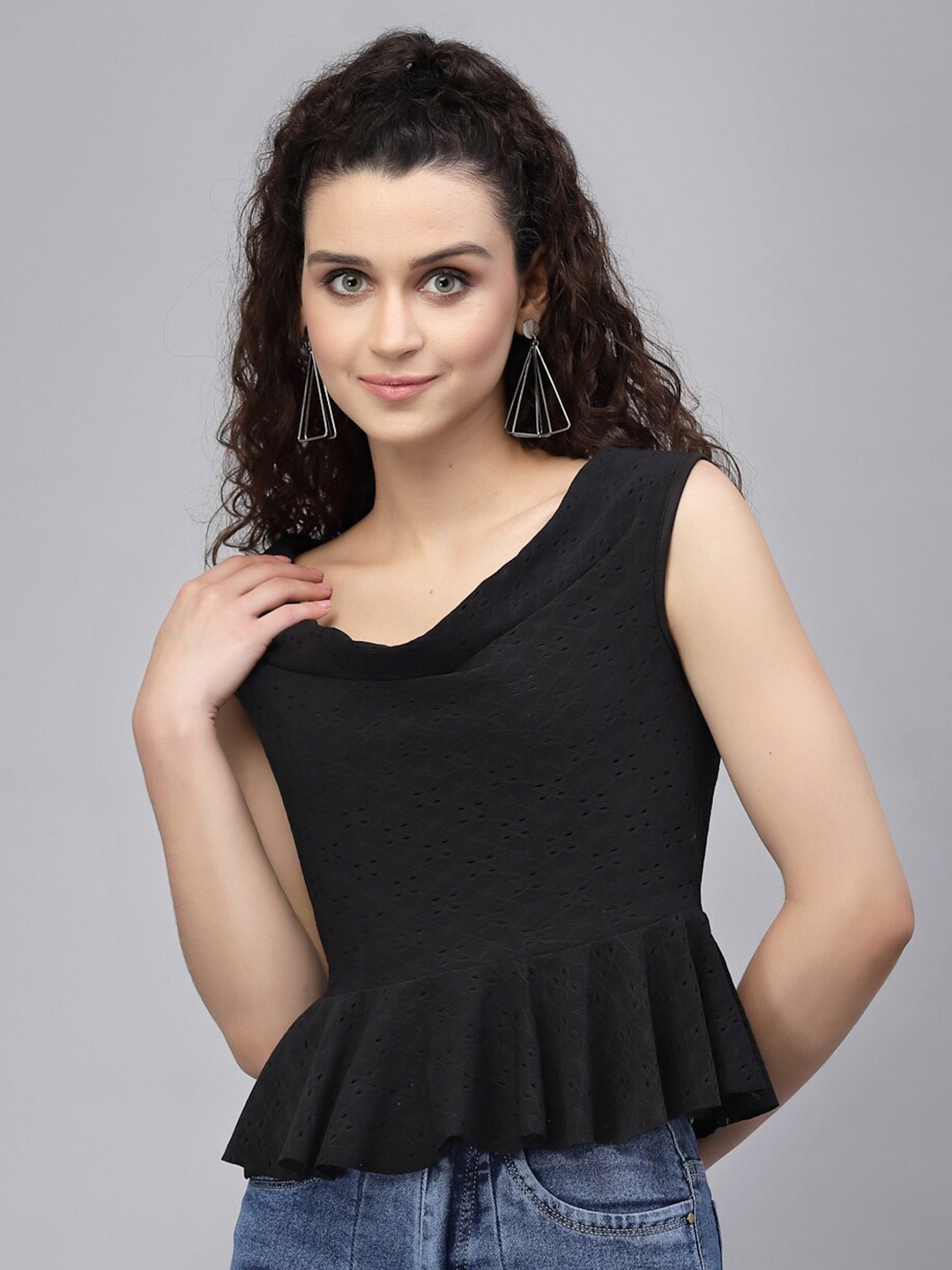 

KASSUALLY Women Black Cowl Neck Peplum Top
