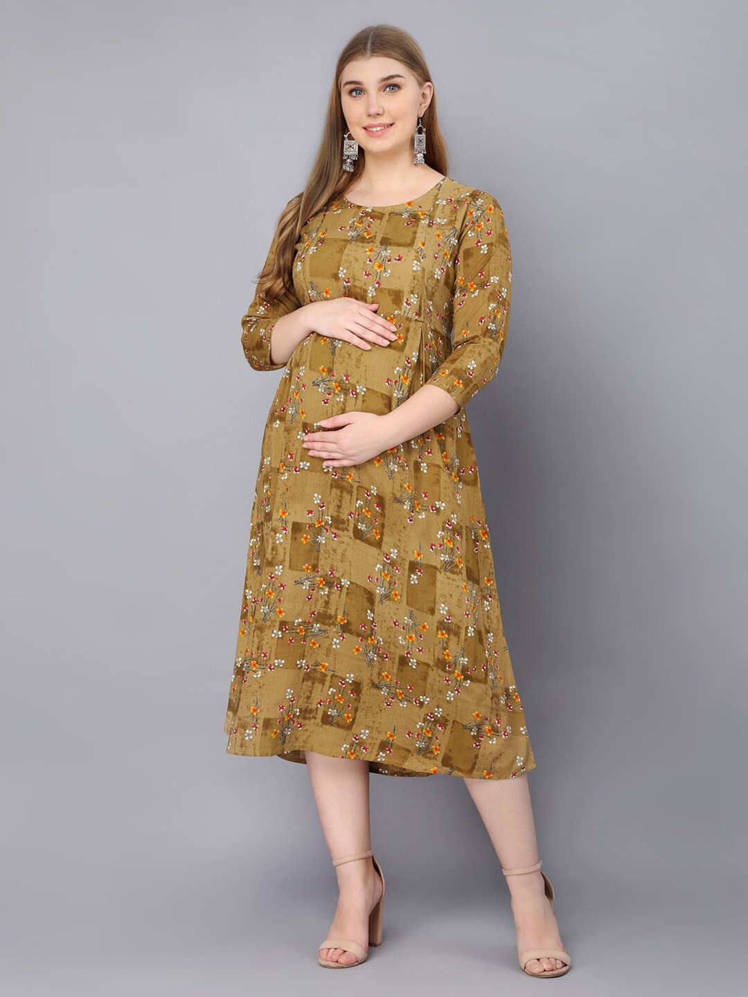 

Vastralay Women Brown Floral Maternity A-Line Midi Dress