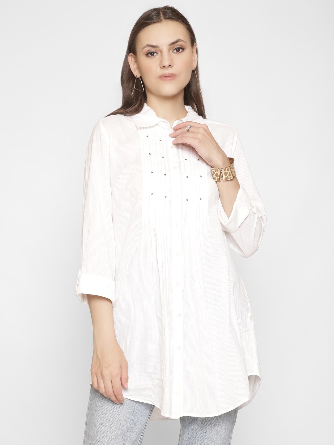 

250 DESIGNS Women White Standard Striped Casual Shirt