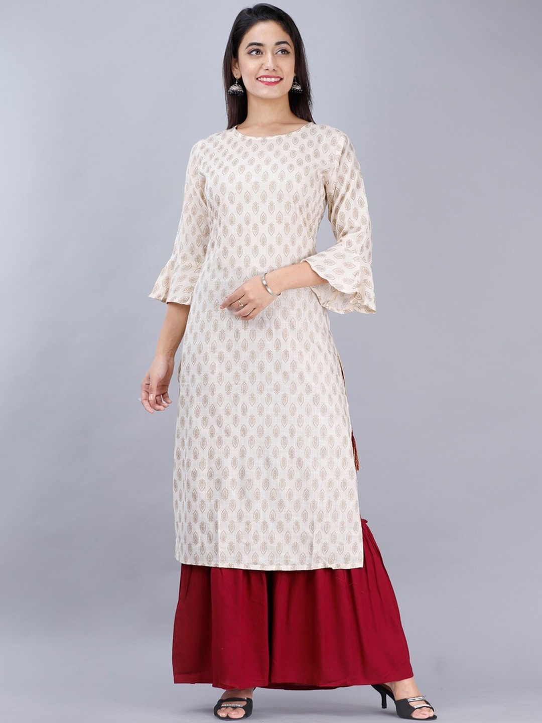 

MAUKA Women Cream-Coloured Ethnic Motifs Printed Kurta with Sharara