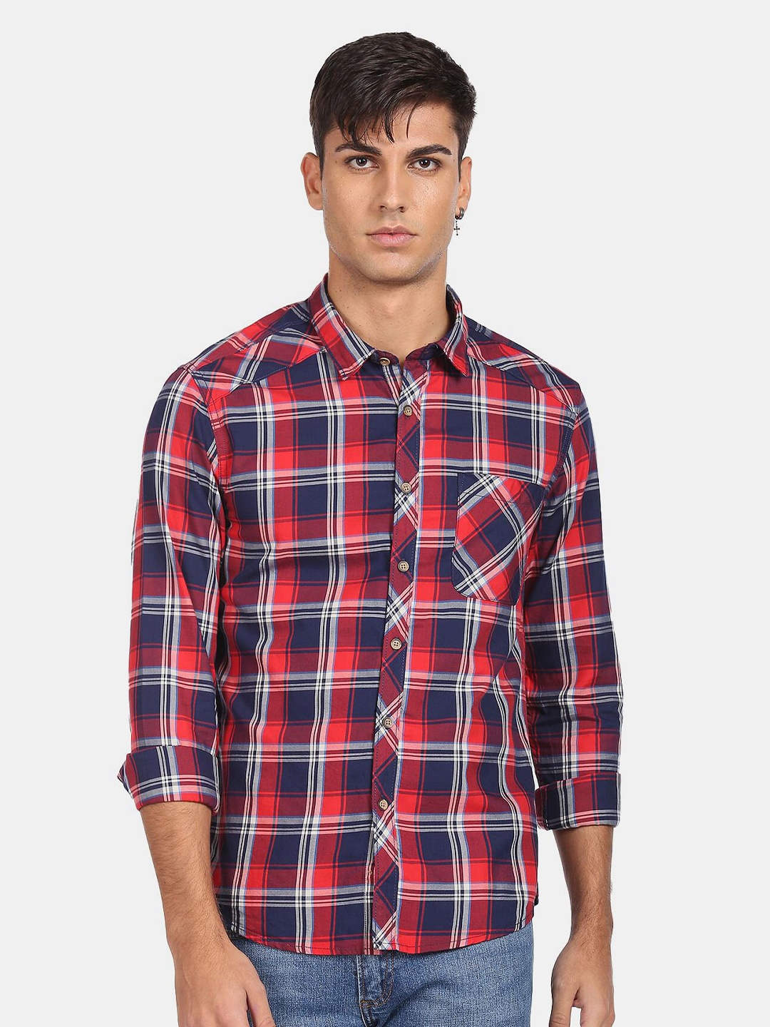 

Flying Machine Men Tartan Checks Checked Casual Shirt, Red
